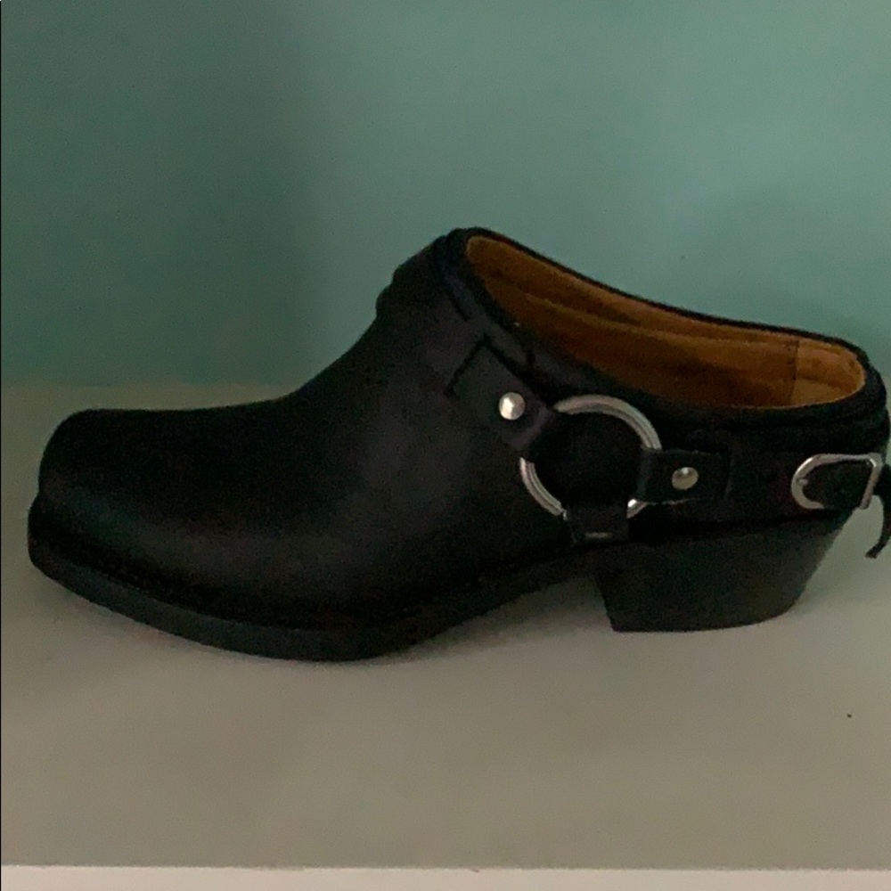 FRYE black leather belted harness mule